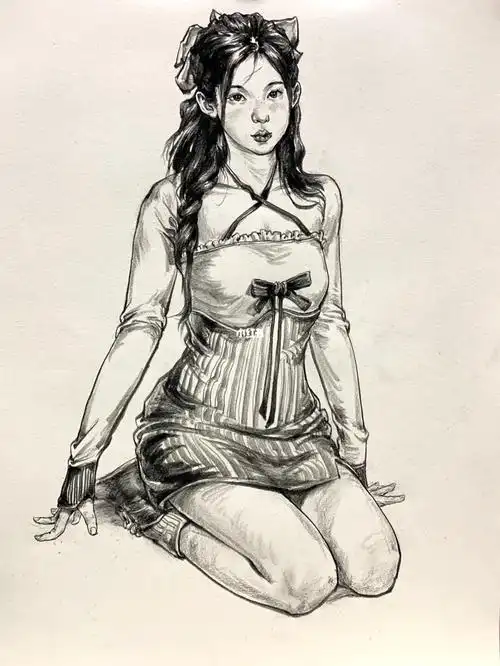 女青年坐姿人物速写场景速写素材