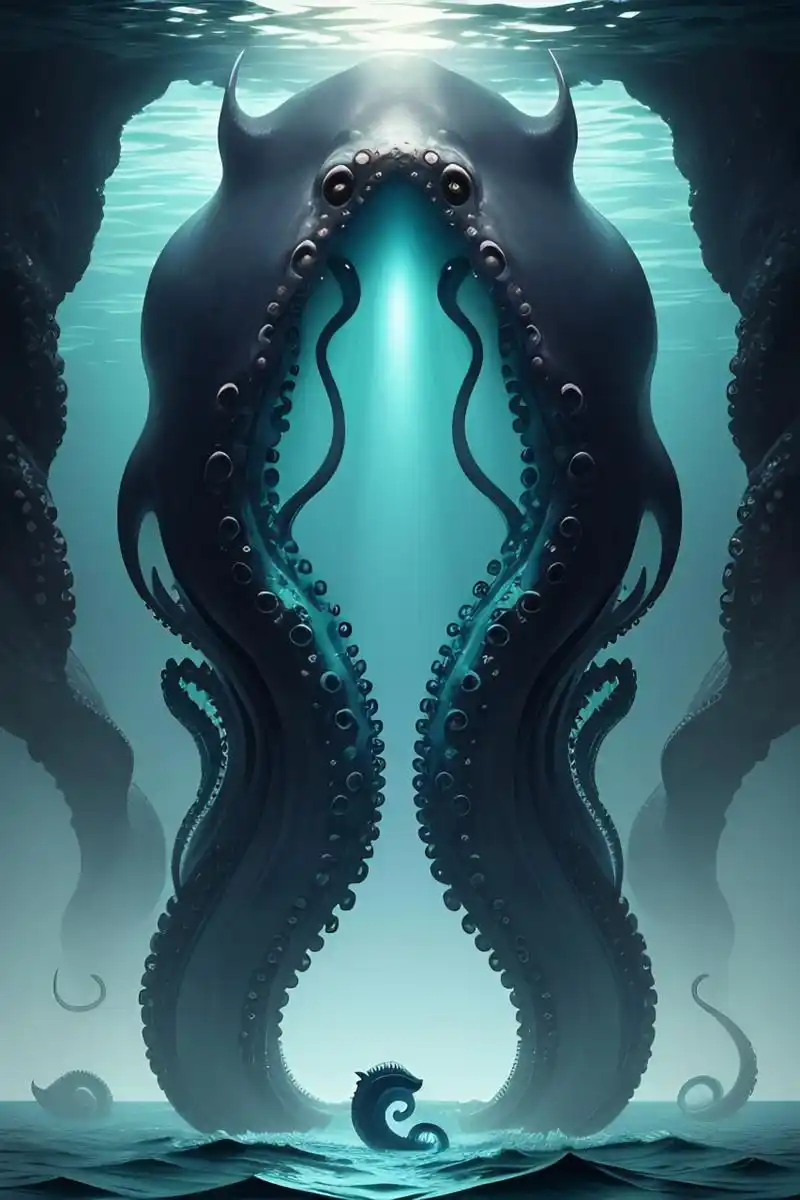 海怪章鱼站在黑色的海水中,一双巨大的眼睛正在看着你.