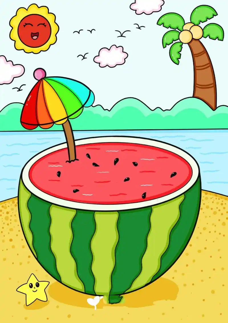 夏日西瓜儿童画 海边西瓜创意画
