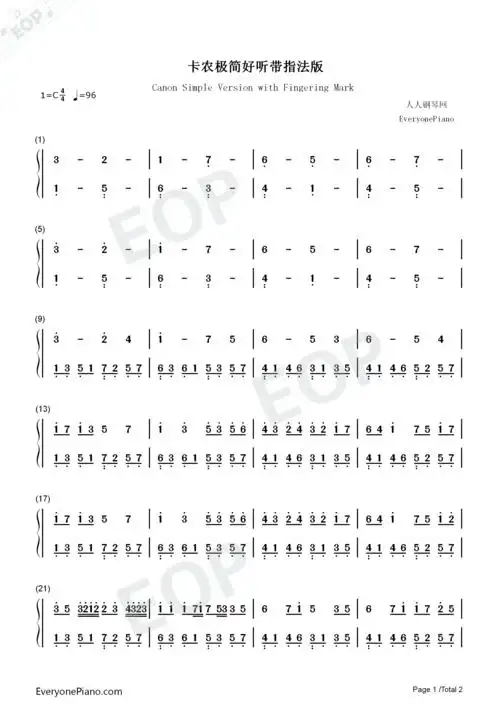卡农-极简好听-带指法版双手简谱预览 (共2张)下载试用热爱105°c的你