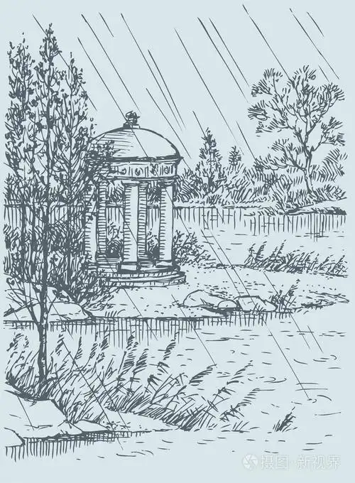 矢量风景.雨在湖