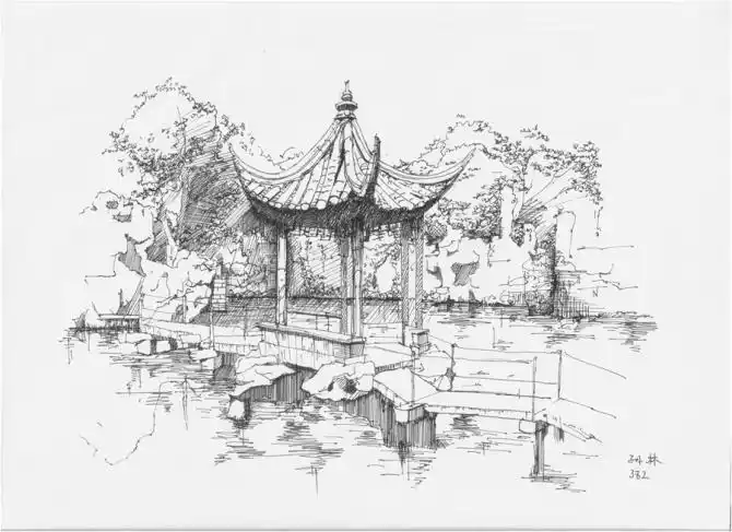 建筑手绘, 钢笔画--古典园林建筑写生