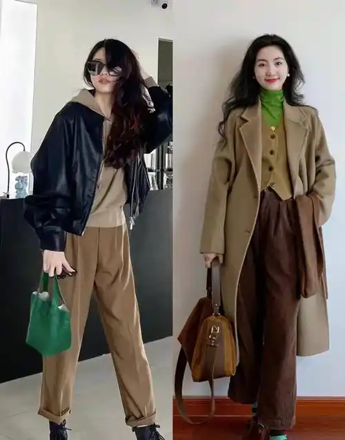 像这样的夹克式外套搭配高腰棕色裤子,可以打造出更宽的腰线.