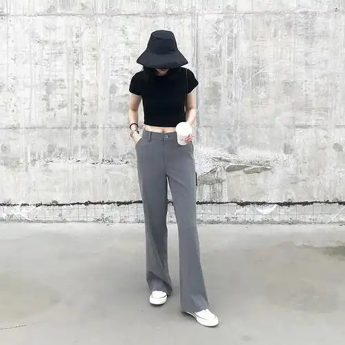 满258元减30元 灰色阔腿裤女高腰宽松黑色直筒休闲裤显瘦长裤子垂坠