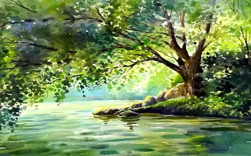 湖上的树水彩风景画