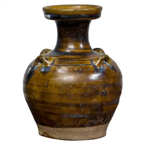 明代酱釉盘口四系瓶物件文玩古董瓷器收藏客厅摆件