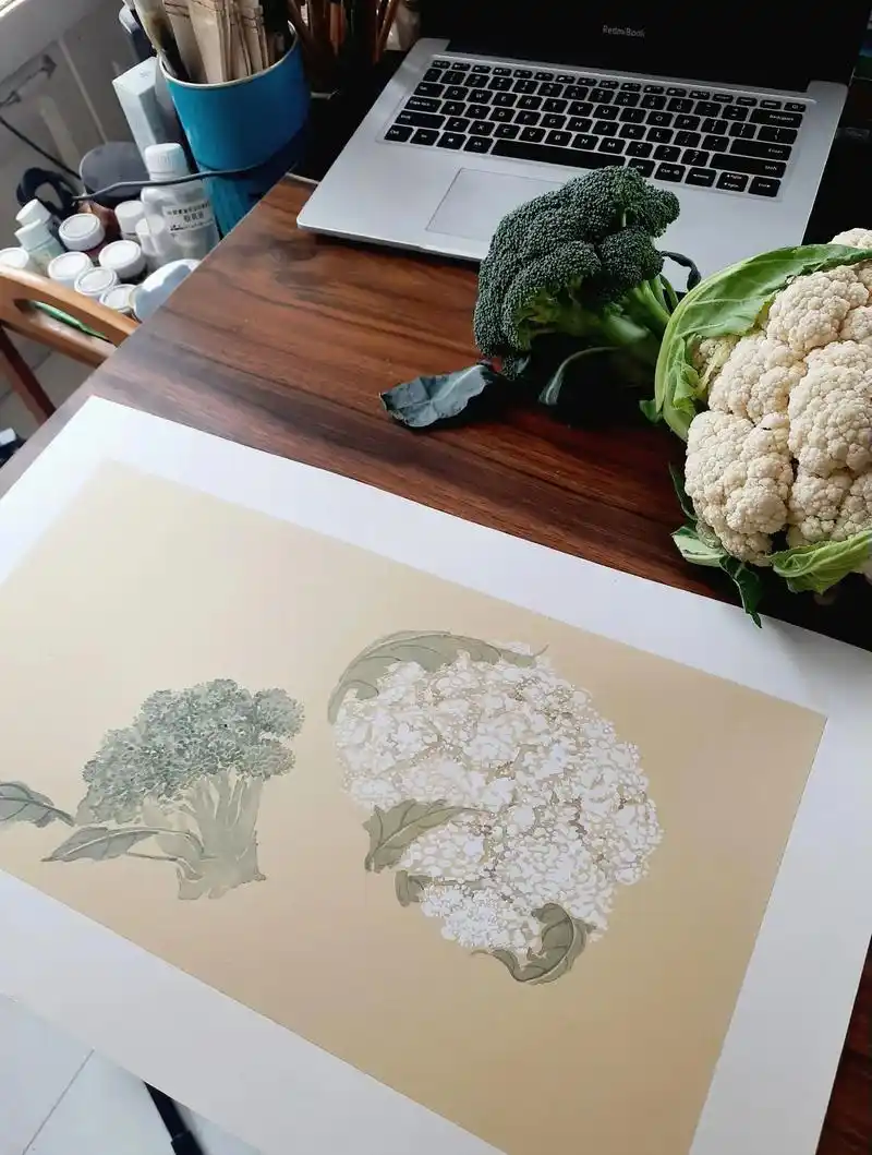 网课示范蔬菜写生——菜花茄子#国画 #没骨画 #网课教学  - 抖音