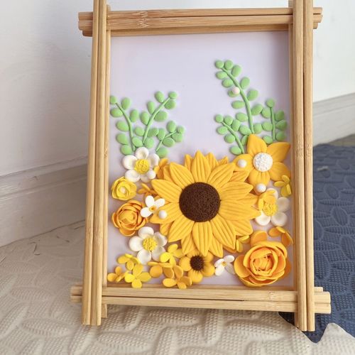 风学生桌面创意手工成品向日葵花定制粘土橡皮泥自制相框diy花园【15