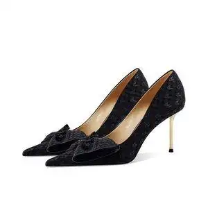 queen私人订制女鞋尖头蝴蝶结黑色高跟鞋女2022年春季新款细跟名