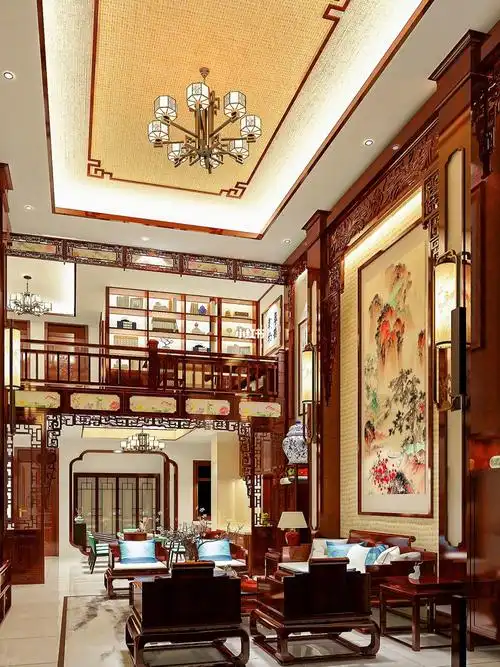 入眼可见挑空的跃层客厅二楼的围栏古朴大气