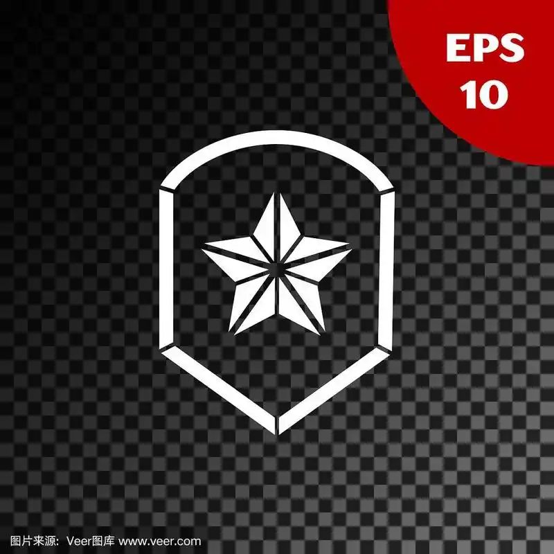 白色警徽图标孤立在透明的黑色背景.警长徽章标志.有星星标志的盾牌.