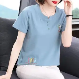 bjqu衣服女装妈妈4050岁夏季韩版新款绣花短袖t恤女宽松上衣洋气大码