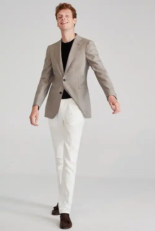 full monty羊毛商务修身浅卡其色人字纹西服上衣外套休闲单西男士_6折