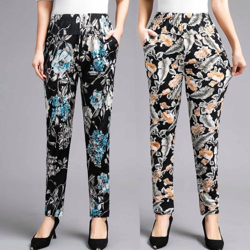 夏季中老年女裤休闲裤高腰弹力花裤妈妈花裤子中年女裤大码花裤子