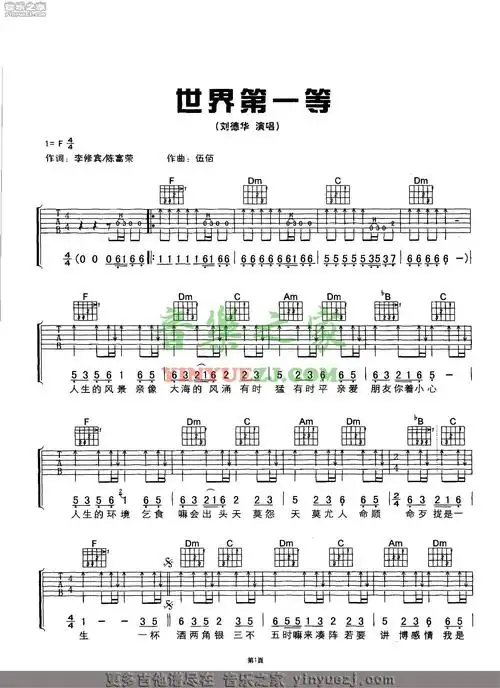 刘德华《世界第一等》吉他谱_吉他谱_简谱_尤克里里_吉他谱下载_吉他