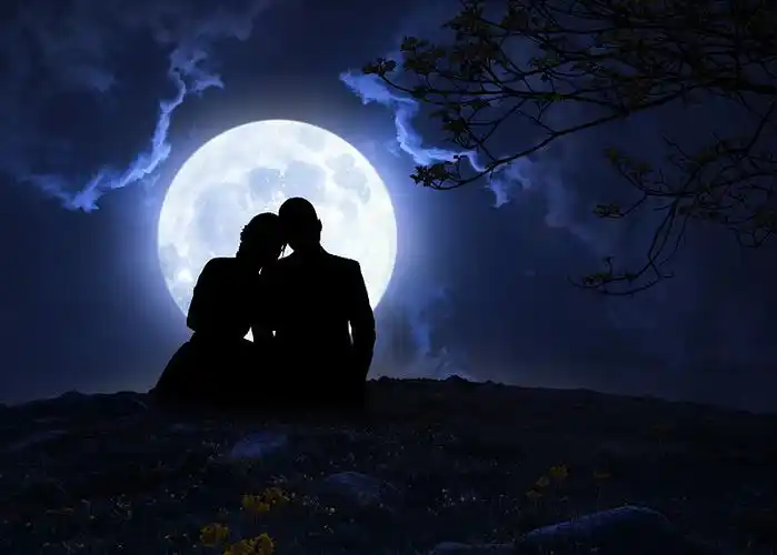 七夕节,满月,情侣背影,剪影图片