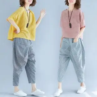 大码时尚棉麻套装女夏季文艺宽松休闲上衣条纹哈伦裤亚麻两件套潮
