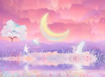 夜晚粉色的森林里,一轮月亮发出淡淡光彩超现实插画背景