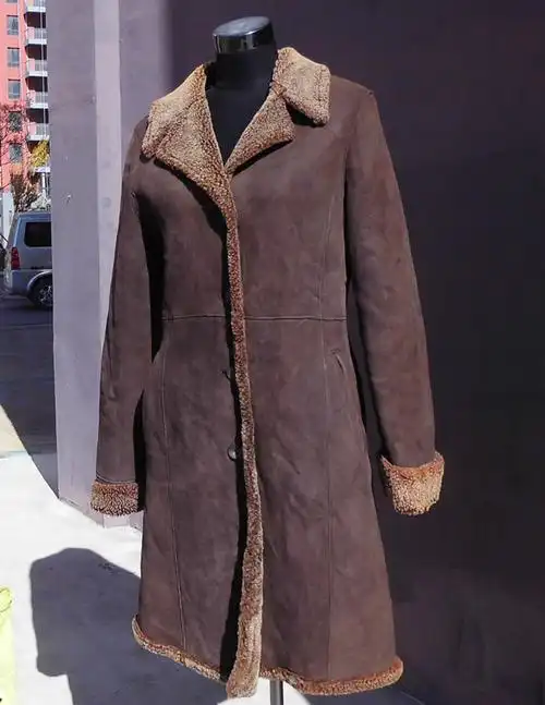 韩版长款修身羊皮真皮真毛皮毛一体 古着女款真皮皮衣外套大衣