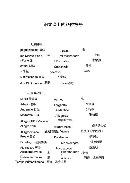 钢琴谱上的各种符号