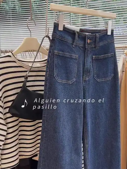 韩系双口袋复古蓝牛仔裤女高腰百搭显瘦直筒阔腿裤 - 17网