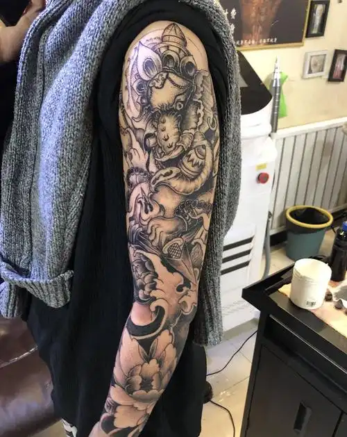 象神花臂纹身图片手臂新传统纹身图案