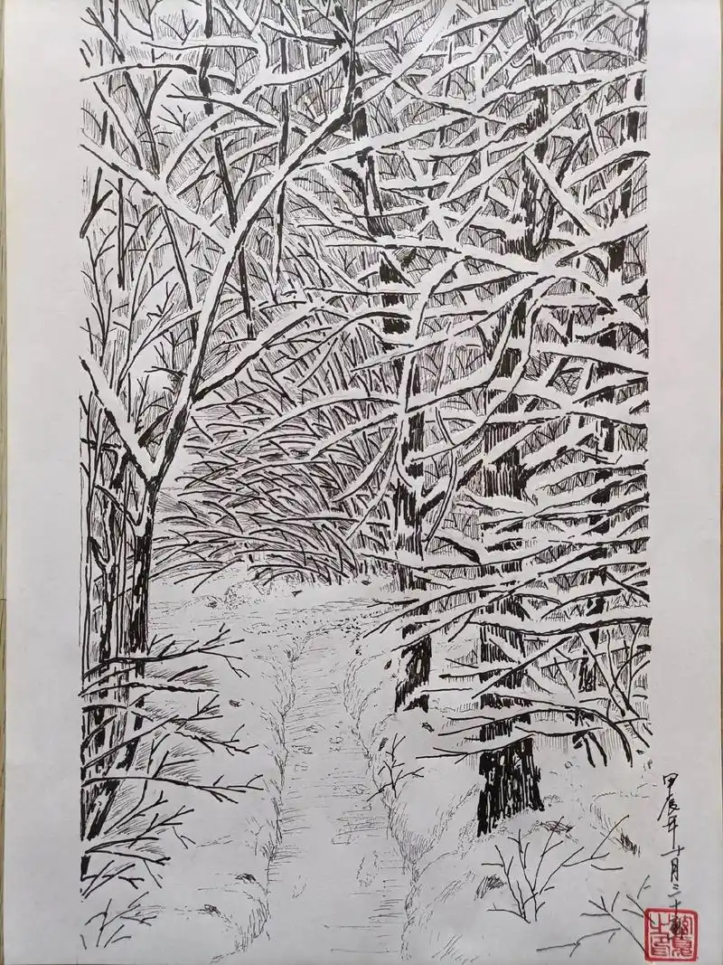 钢笔画写生,铁岭的第一场雪,游龙首山画两幅小雪景#想画就画