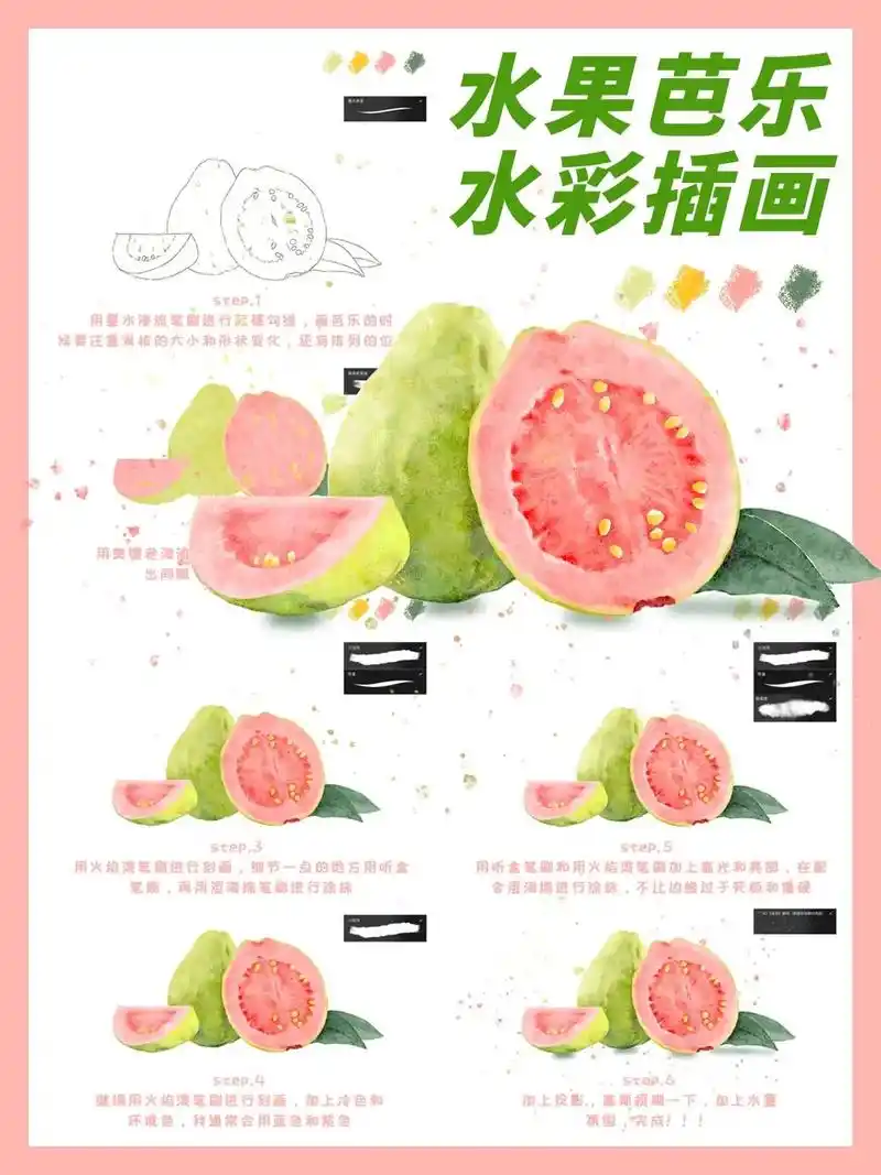 芭乐水彩画法.芭乐步骤 1.用墨水渗流笔刷进行起稿勾线,画芭 - 抖音