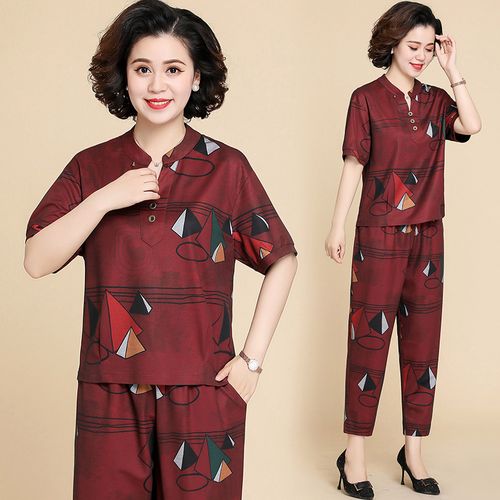 中老夏季两件件套时尚休闲套装现代印花妈妈装加中老年女装