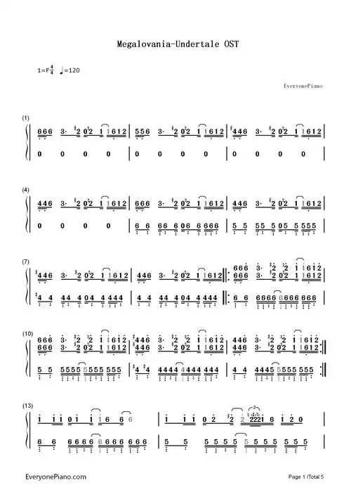 megalovania-undertale ost双手简谱预览1