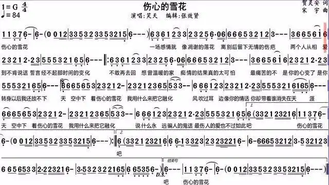 笑天演唱《伤心的雪花》的动态有声简谱