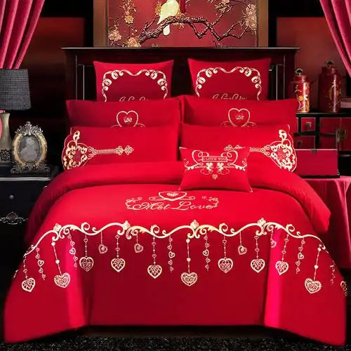 全棉婚庆四件套大红新婚床单床盖式红色结婚喜庆被子纯棉床上用品