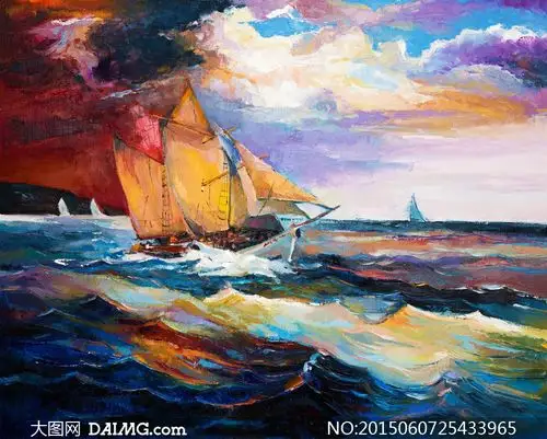 乘风破浪中的帆船油画设计高清图片