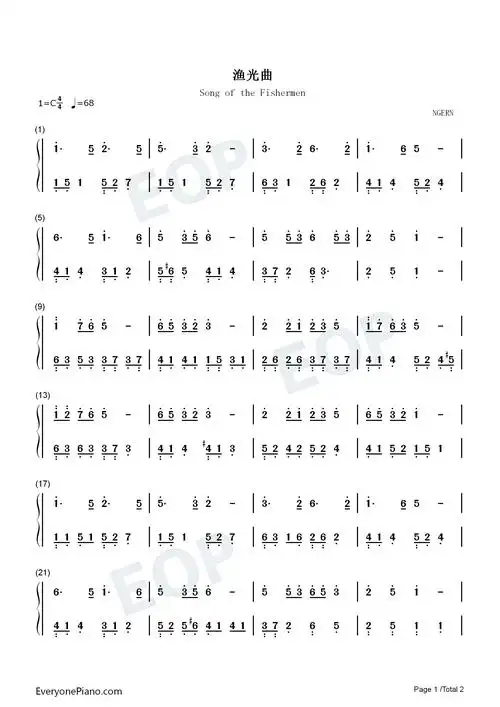 渔光曲-c调简单版-钢琴谱文件(五线谱,双手简谱,数字谱,midi,pdf)免费