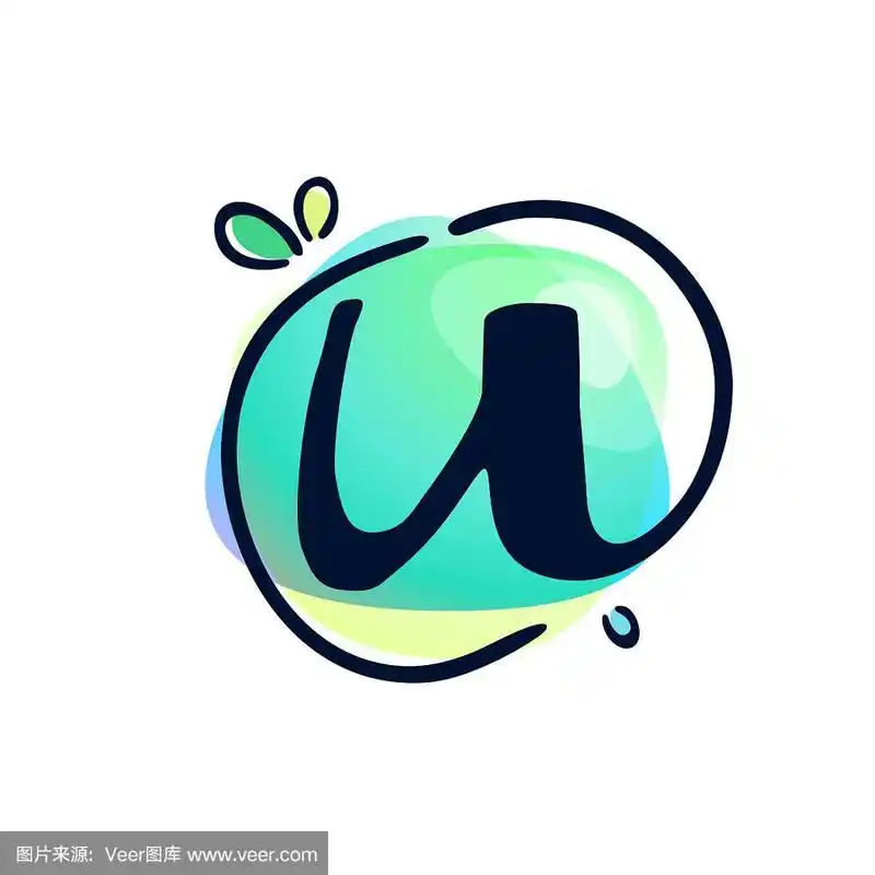 u字母笔画标志在彩色水彩飞溅的背景下.