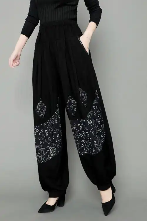 【70棉30亚麻】亚麻坠感灯笼裤女碎花民族风高腰休闲裤宽松大码复古