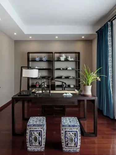 装修效果图 复古风禅意书房兼茶室一体设计图片  新中式风格的书房