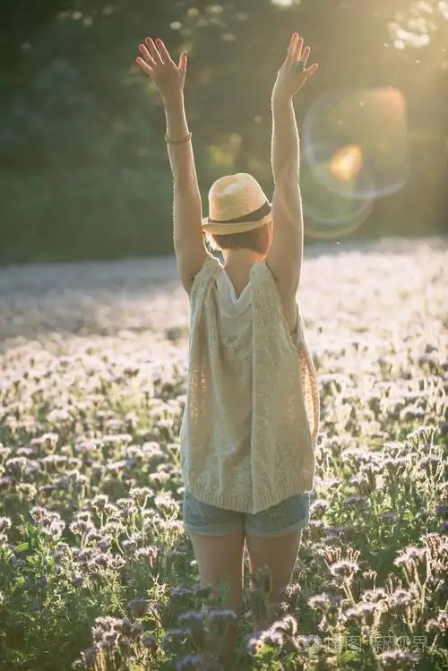 享受-自由幸福的女人,欣赏日落.