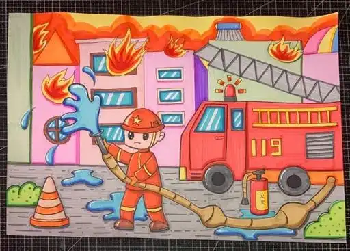 儿童创意美术  #致敬消防员  #主题画 #房子着火的简笔画