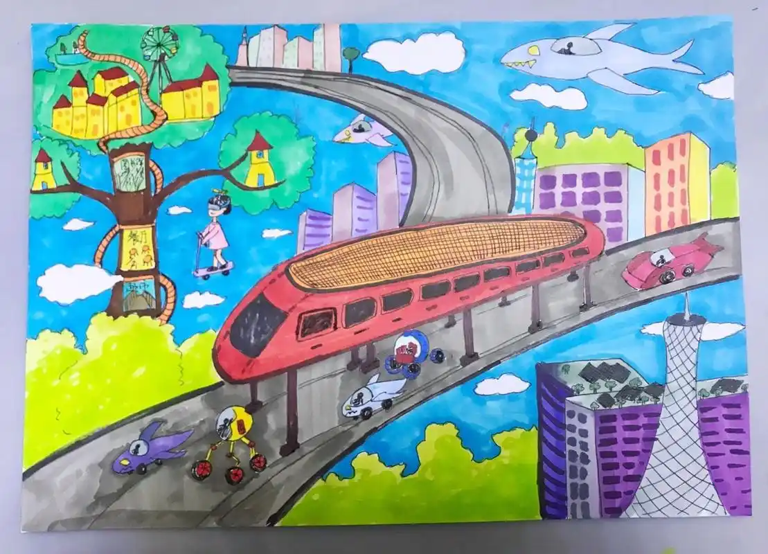 创意儿童画,手绘未来城市交通工具. 儿童科幻题材画.材料:马克笔