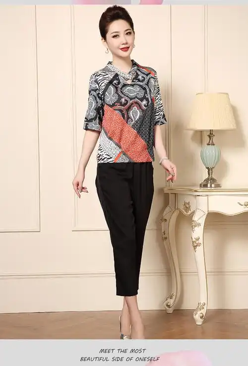 妈妈装夏装洋气套装中年女雪纺短袖t恤中老年时尚半袖两件套上衣