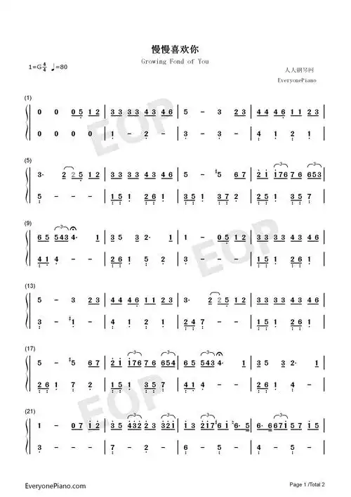 慢慢喜欢你-超级简单版双手简谱预览1-钢琴谱文件(五线谱,双手简谱
