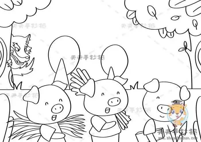 1,首先在底部画上三只可爱的小猪,可以给小猪的手上分别画上稻草,木头