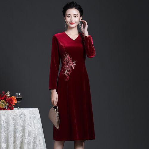 参加婚礼妈妈装旗袍结婚中年大码喜婆婆婚宴服装洋气秋冬连衣裙子