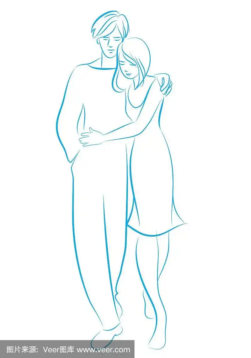 年轻夫妇走着拥抱素描到线