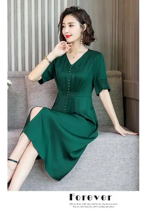 xy c-110真丝桑蚕丝连衣裙中长款气质收腰