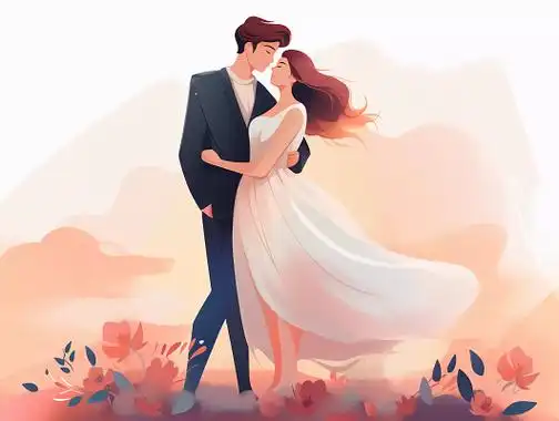 情侣结婚典礼拥抱唯美浪漫情人节爱情双人手绘插画温馨氛围感场景海报