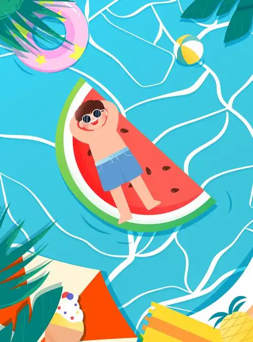 男孩躺在西瓜上夏日泳池矢量插画海报背景
