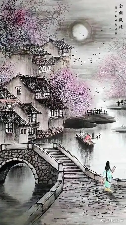 这是一幅《南国风情》中国画,作者以工笔画的笔法?