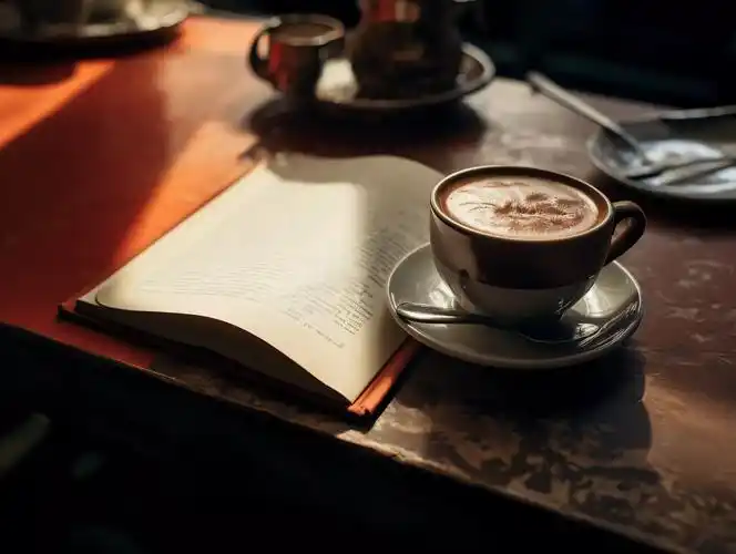 阳光下的木制书桌上放着咖啡和书本恬静舒适感的静物特写唯美壁纸